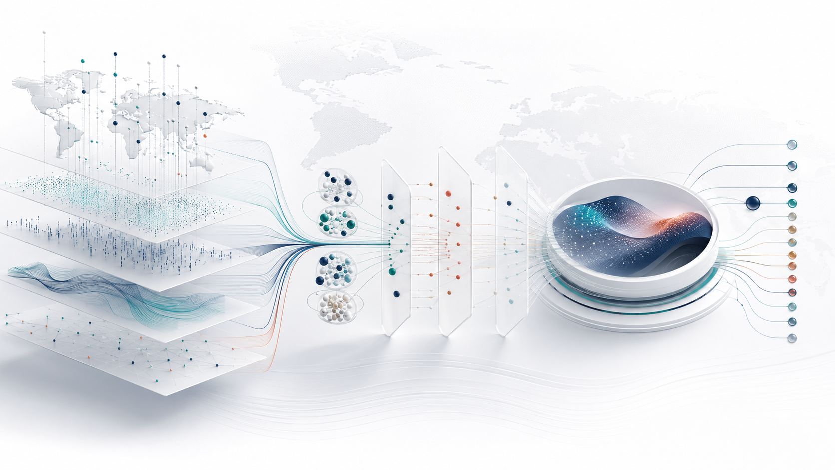 Conceptual visualization of governed market signals converging into a decision environment